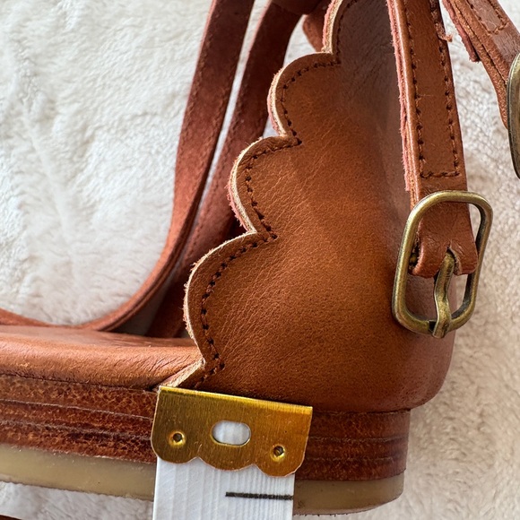 ELF Scalloped Tan Leather Flats. Double Ankle Strap. - Picture 12 of 16